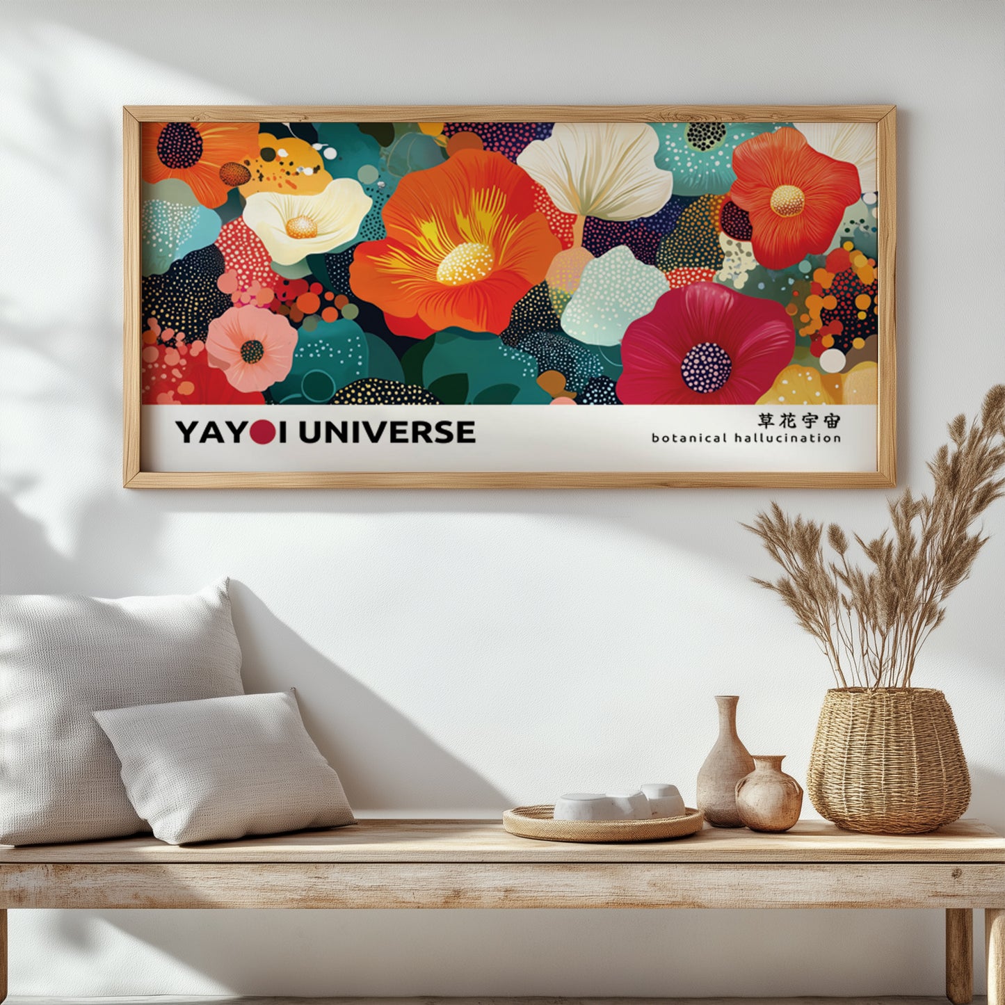 Contemporary floral abstract – narrow wide wall art with colorful botanical shapes.