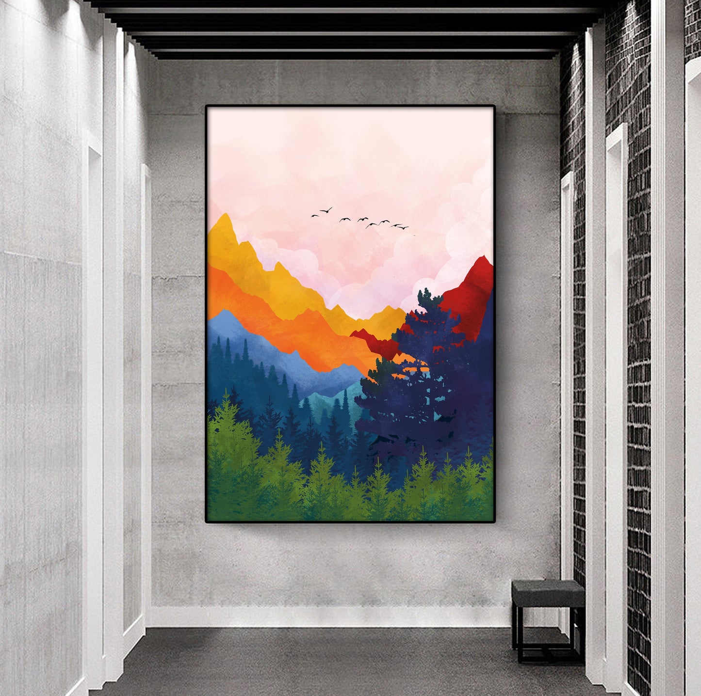 Bright and vibrant mountain wall art in Scandinavian abstract style.