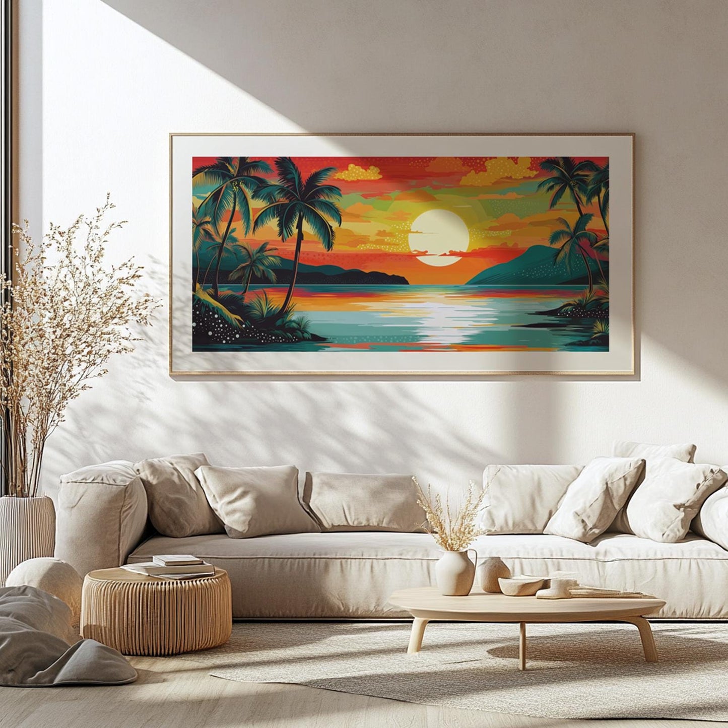Wide tropical seascape art featuring a colorful sunset over the ocean with mountain silhouettes, ideal for vibrant beach or coastal-themed wall decor.