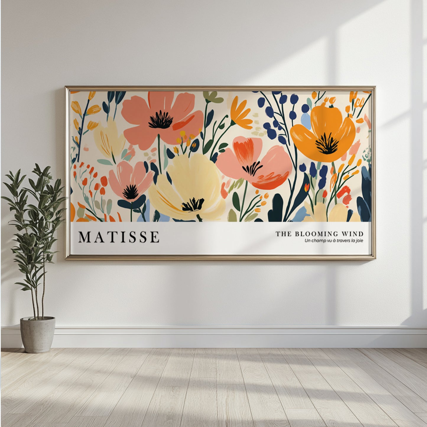 Colorful Matisse style floral poster with wild flowers, long narrow oversized wall art for home or office.