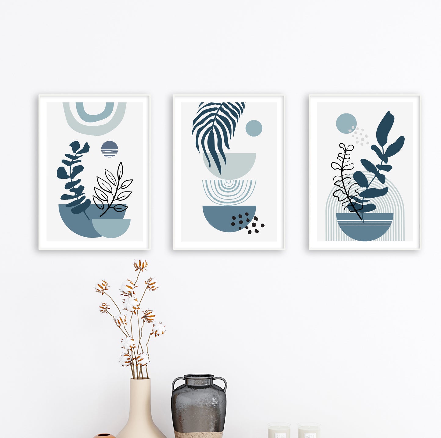 Botanical wall art with a stylized blue plant in a pot and decorative circles and arcs in modern design.