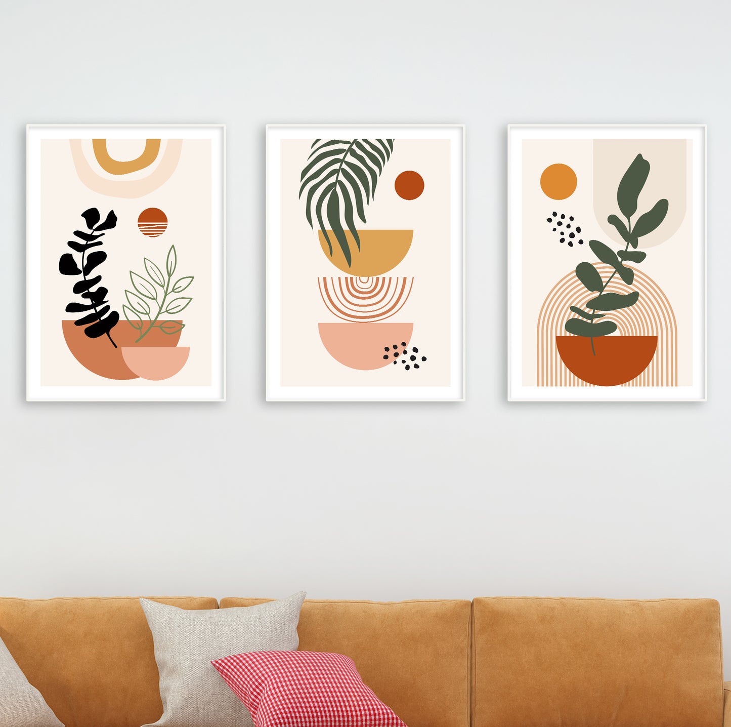 Abstract leaf and pot designs in warm tones like ochre, clay, and muted green for stylish interiors.