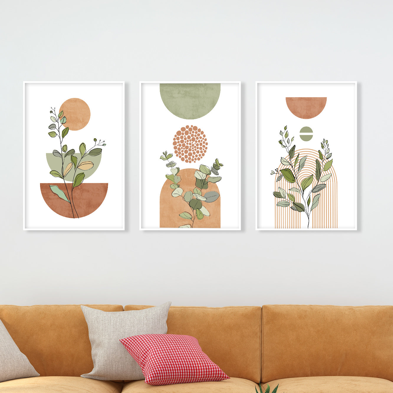 Boho Terracotta Green Art Set of 3 – Mid Century Modern Neutral Wall Art, Bohemian Living Room & Bedroom Large Prints