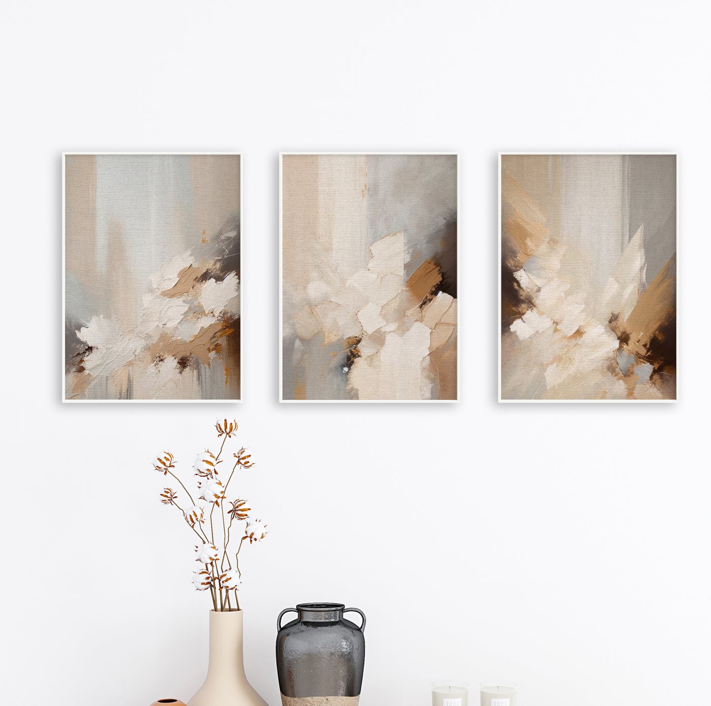 Textured abstract wall poster with natural warm tones and layered painterly shapes in brown and beige.