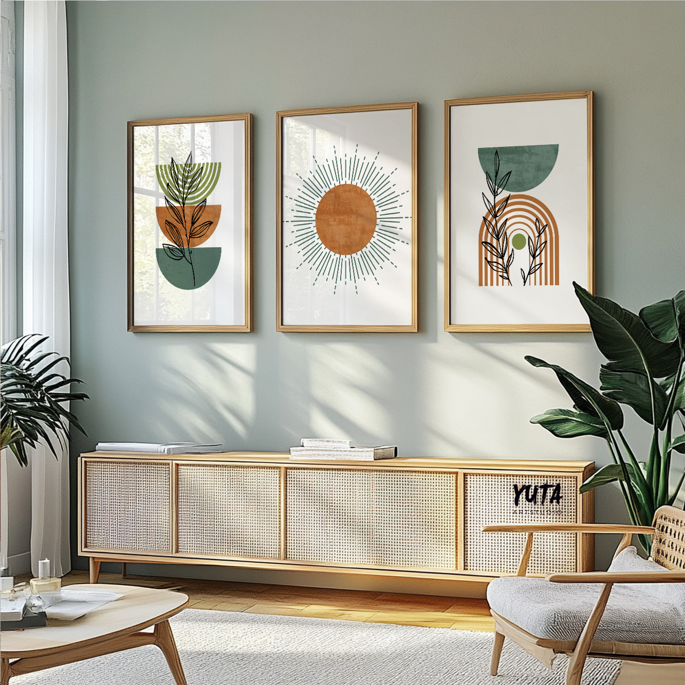 Trio of terracotta green minimalist posters for living room or bedroom decor