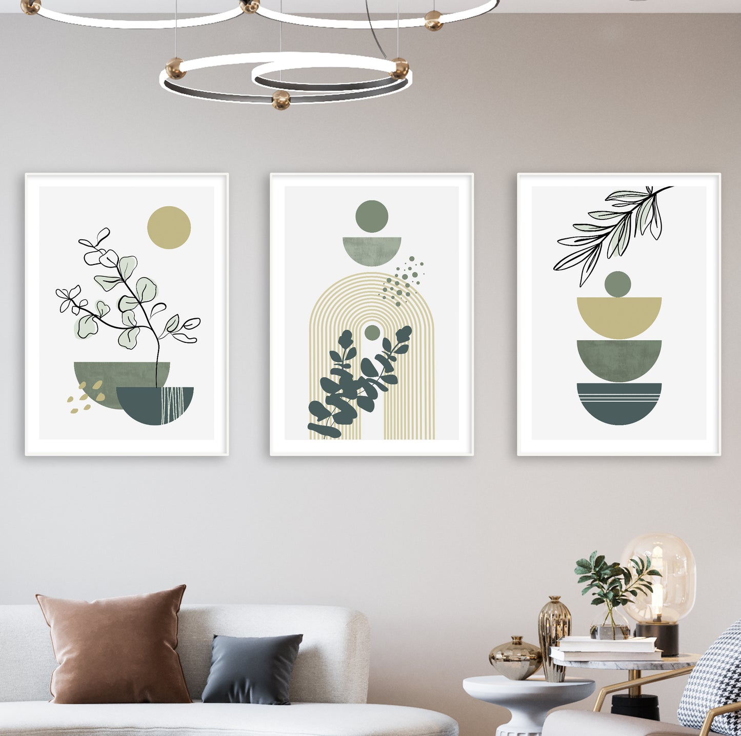 Decorative abstract wall set with soft tones and plant illustrations in line art.