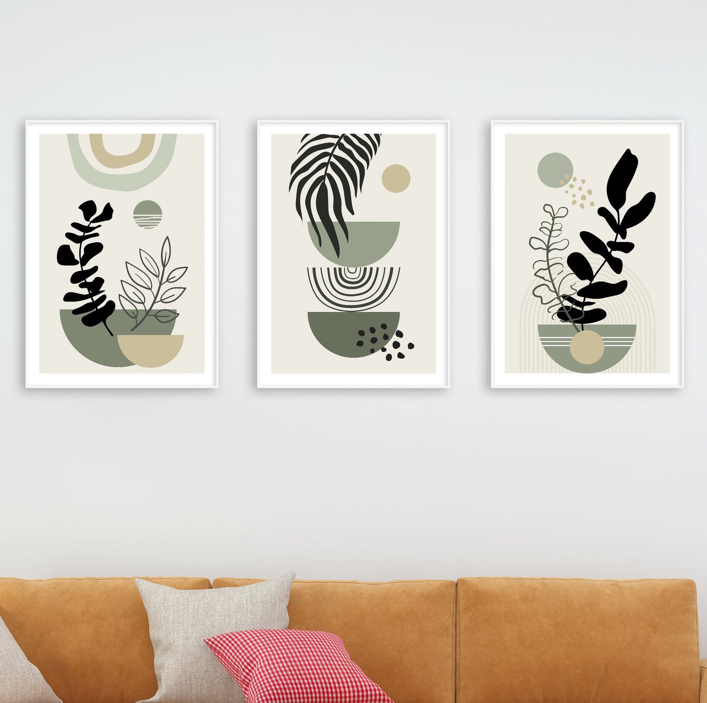 Botanical posters in soft olive, cream and taupe colors for earthy, cozy home vibes.