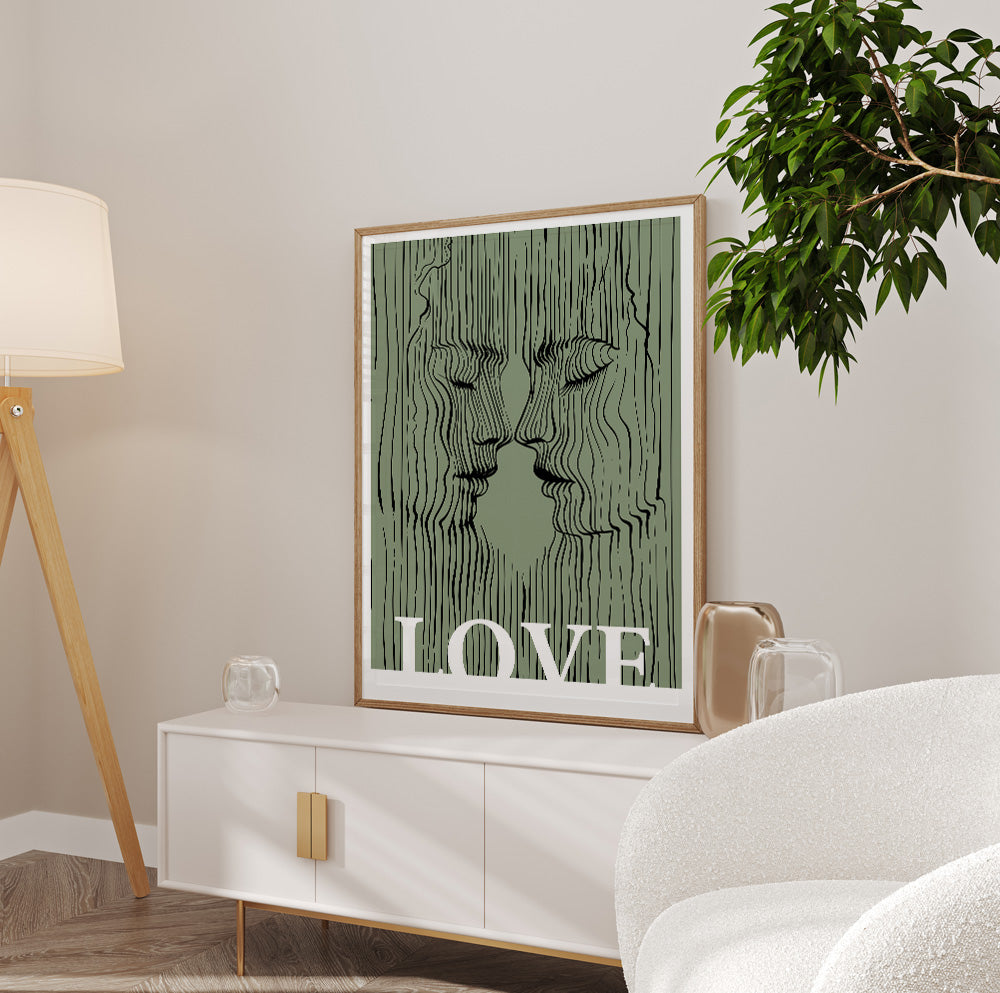 Kissing Lovers Portrait – Sage Green Love Couple Minimalist Wall Art for Extra Large Bedroom