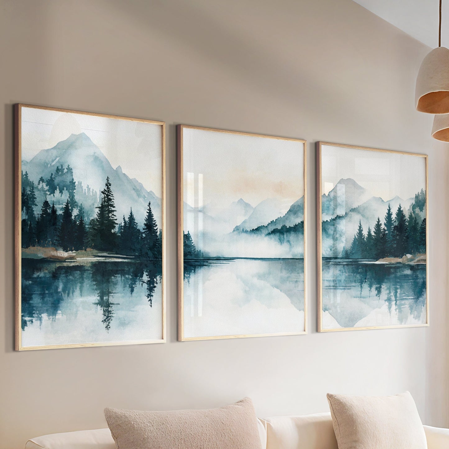 Emerald blue mountain landscape posters with calm lake and dense forest.