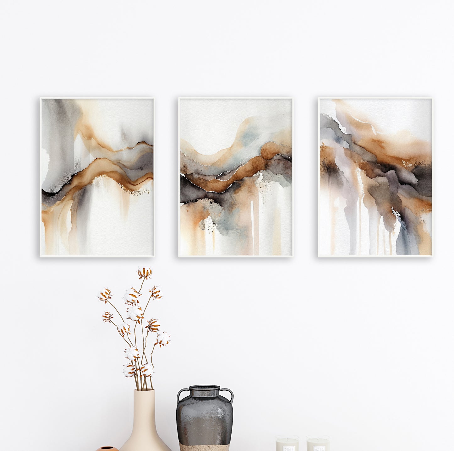 Neutral abstract artwork showing dynamic fluid ink patterns in warm hues of brown, gray, and cream.