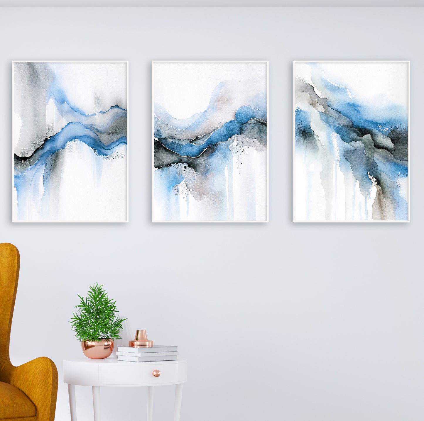 Triptych artwork in blue and grey watercolor texture, perfect for calm and peaceful room styling.