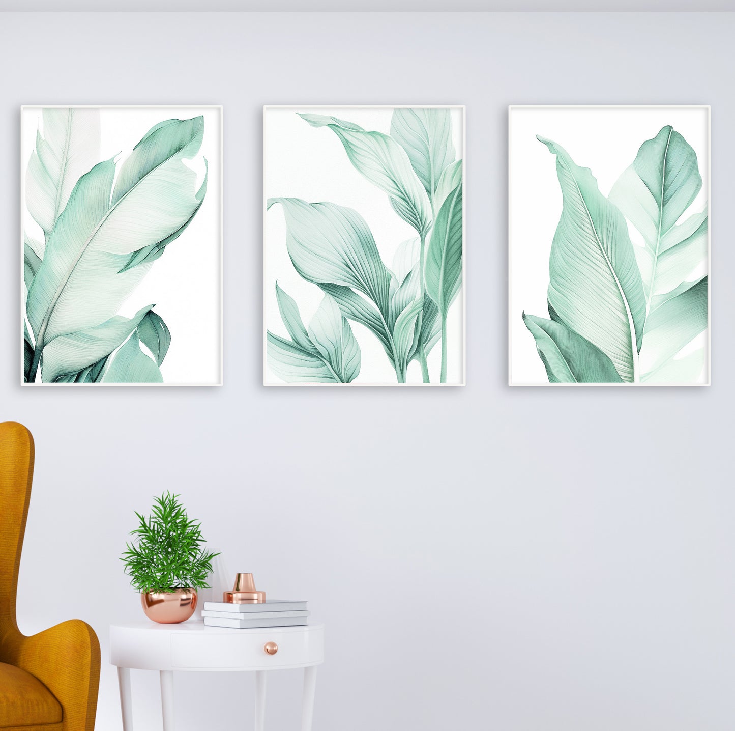 Soft botanical illustrations in green tones for Scandinavian-style or boho-inspired interior walls.