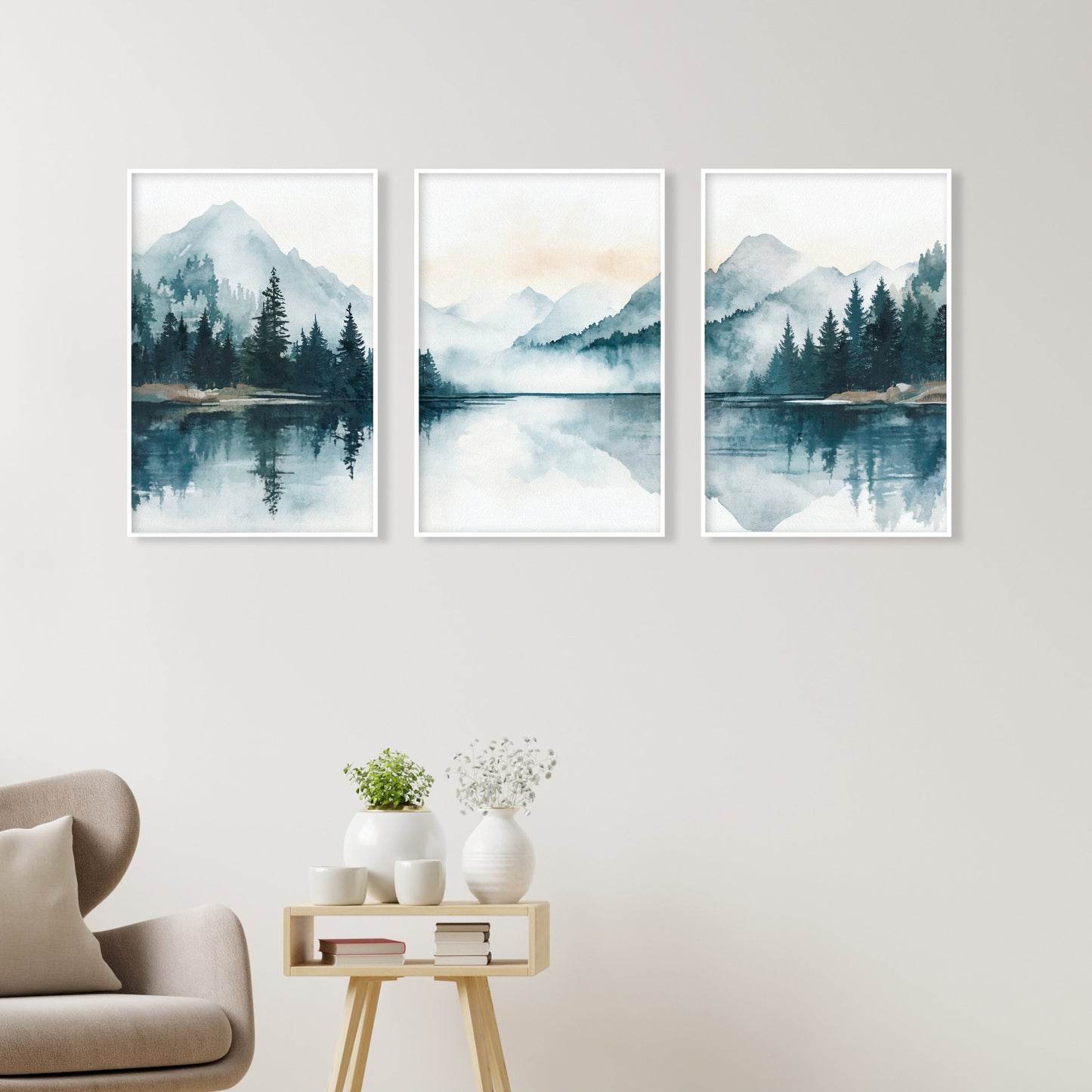 Modern mountain triptych with lake and lush forest in emerald and blue hues.