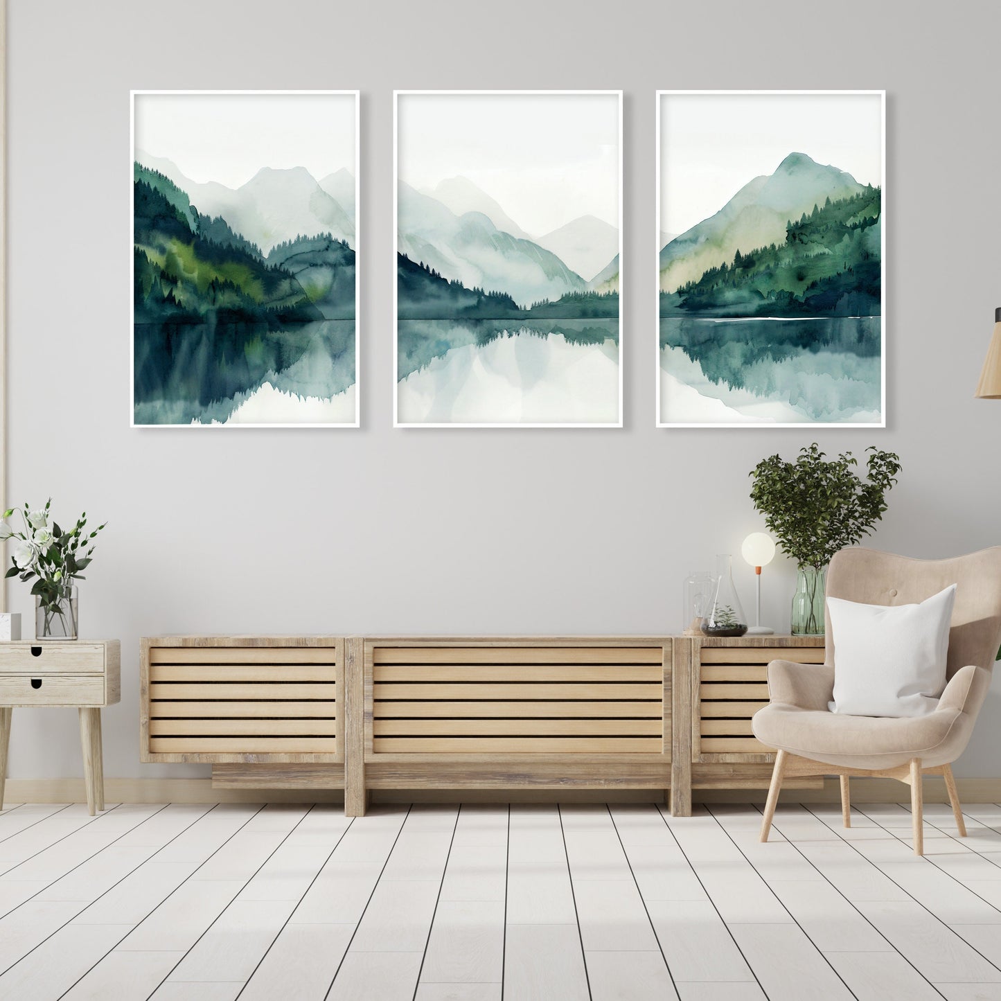 Emerald green mountain print set of 3 – modern Nordic landscape wall art.