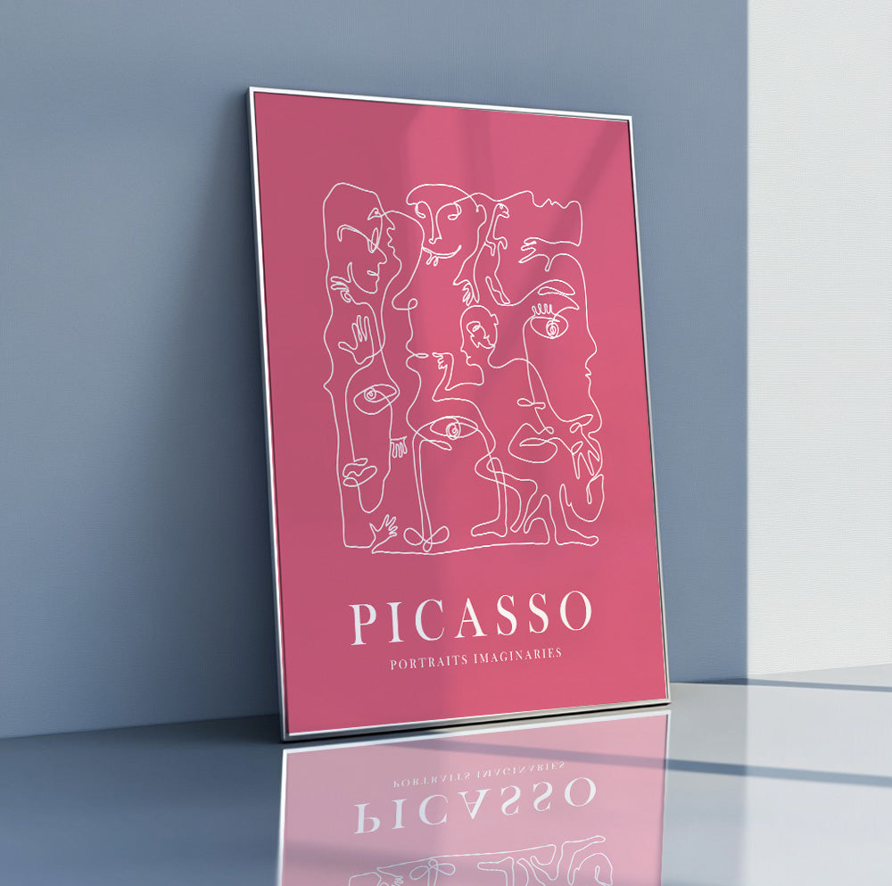 Extra large Picasso-style print in pink pastel shades for minimalist bedroom walls.