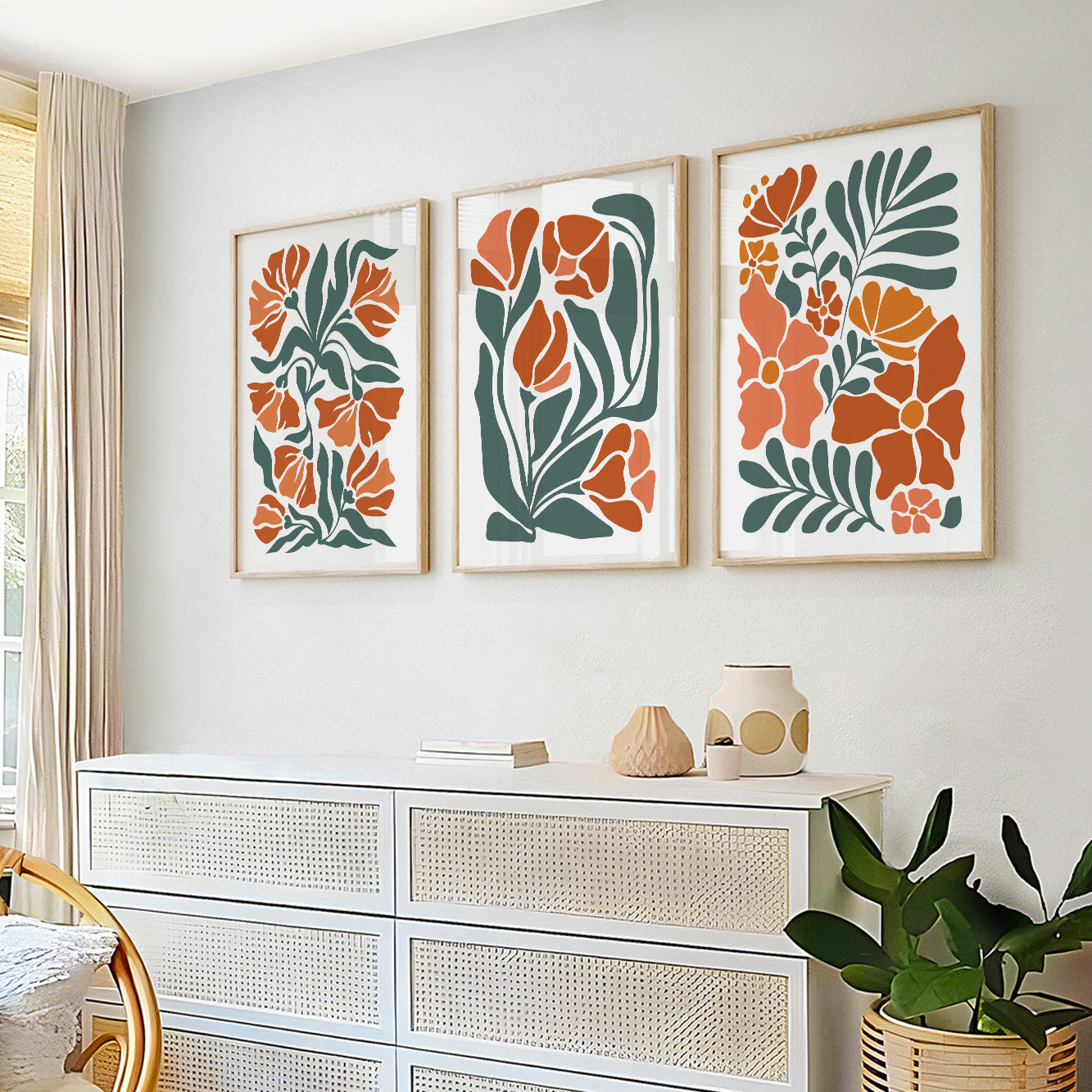 Light Terracotta Boho Floral Set – Minimalist Botanical Mid Century Wall Art Prints for Bedroom