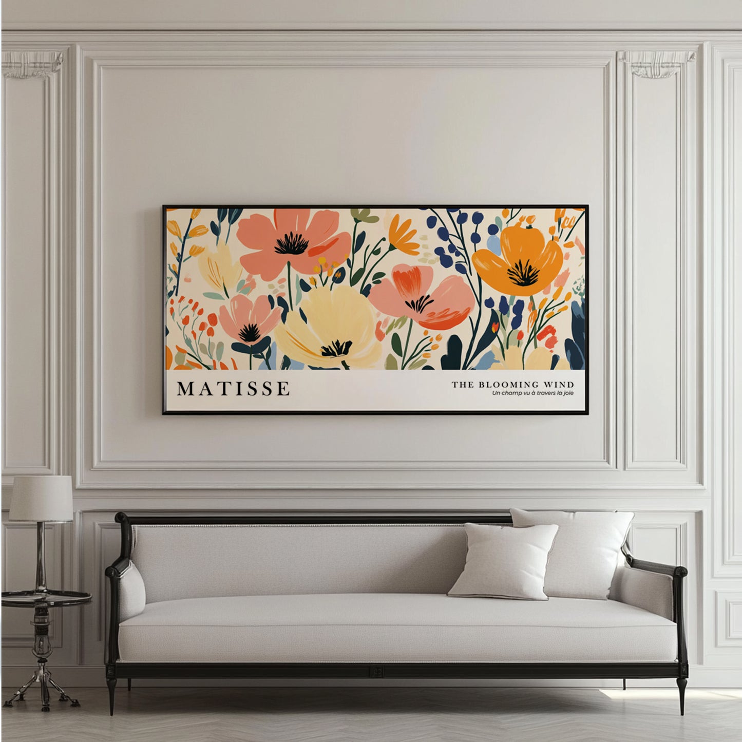 Horizontal wild flowers wall art, oversized print inspired by Henri Matisse for contemporary room decor.