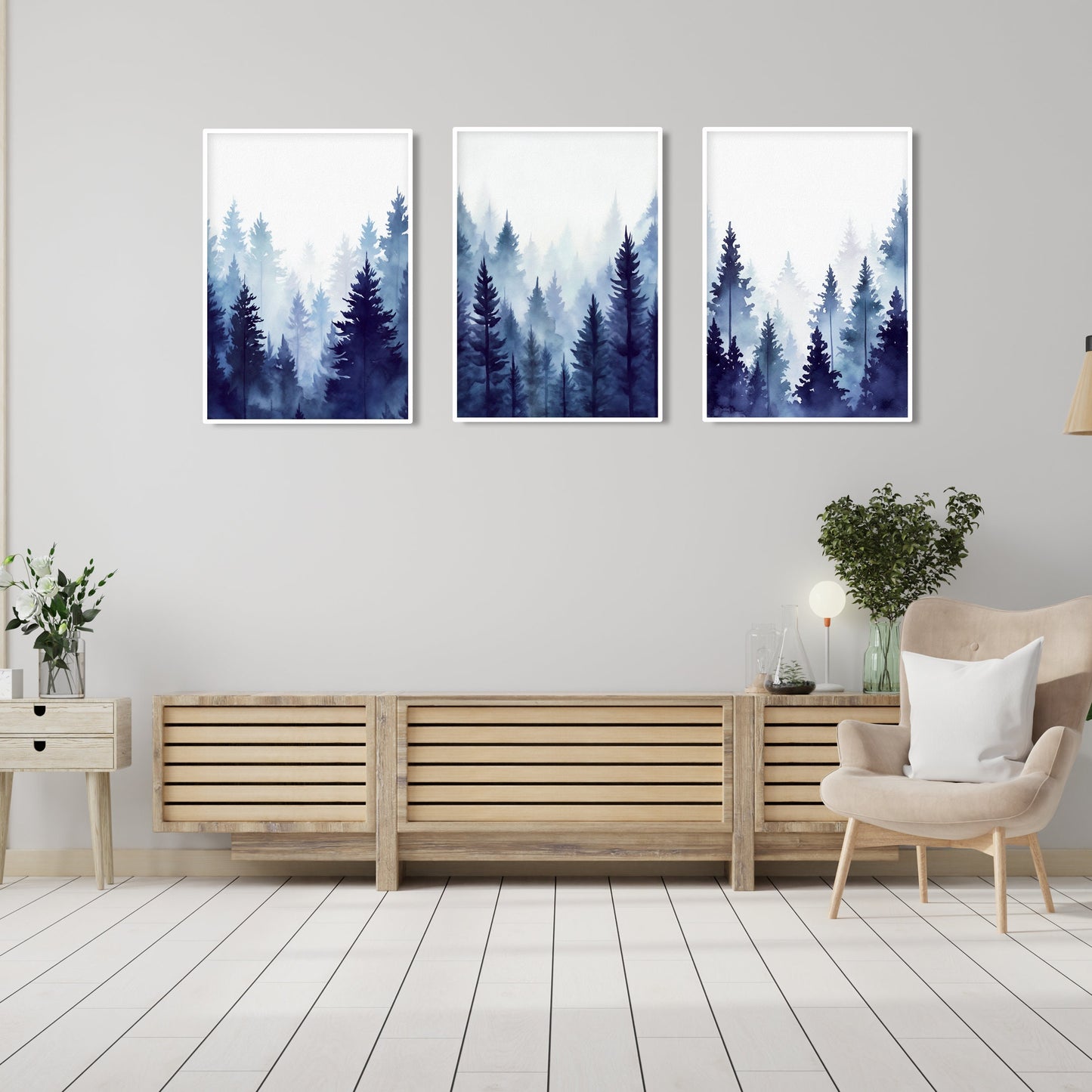 Set of 3 watercolor prints with foggy navy pine trees and mountain forest.