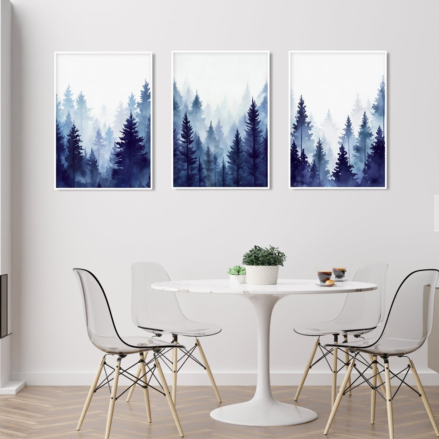 Navy blue forest art prints with foggy pine trees, Nordic nature wall decor.