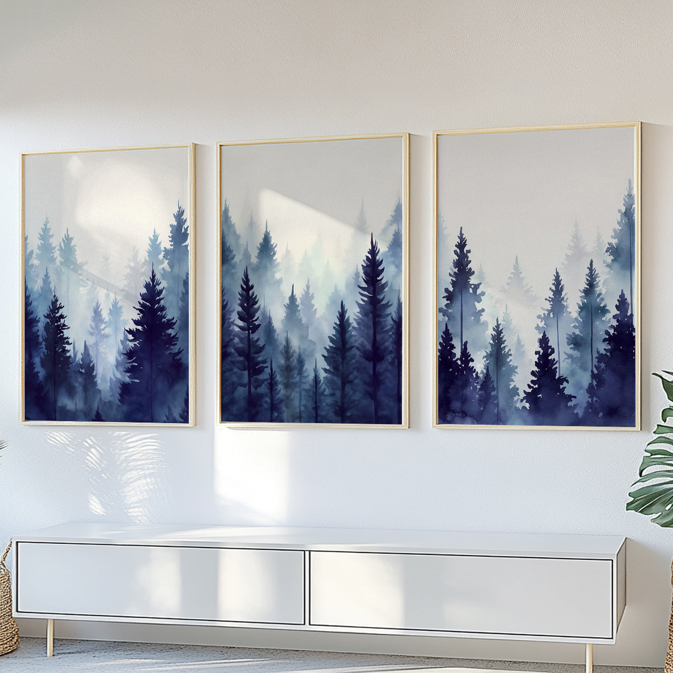Blue-toned watercolor mountain wall art with pine trees and mist.
