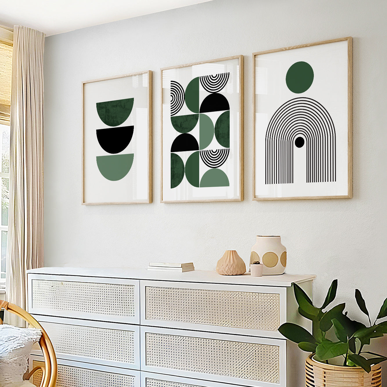 Green Boho Mid-Century Modern Art Set of 3 – Contemporary Abstract Wall Art