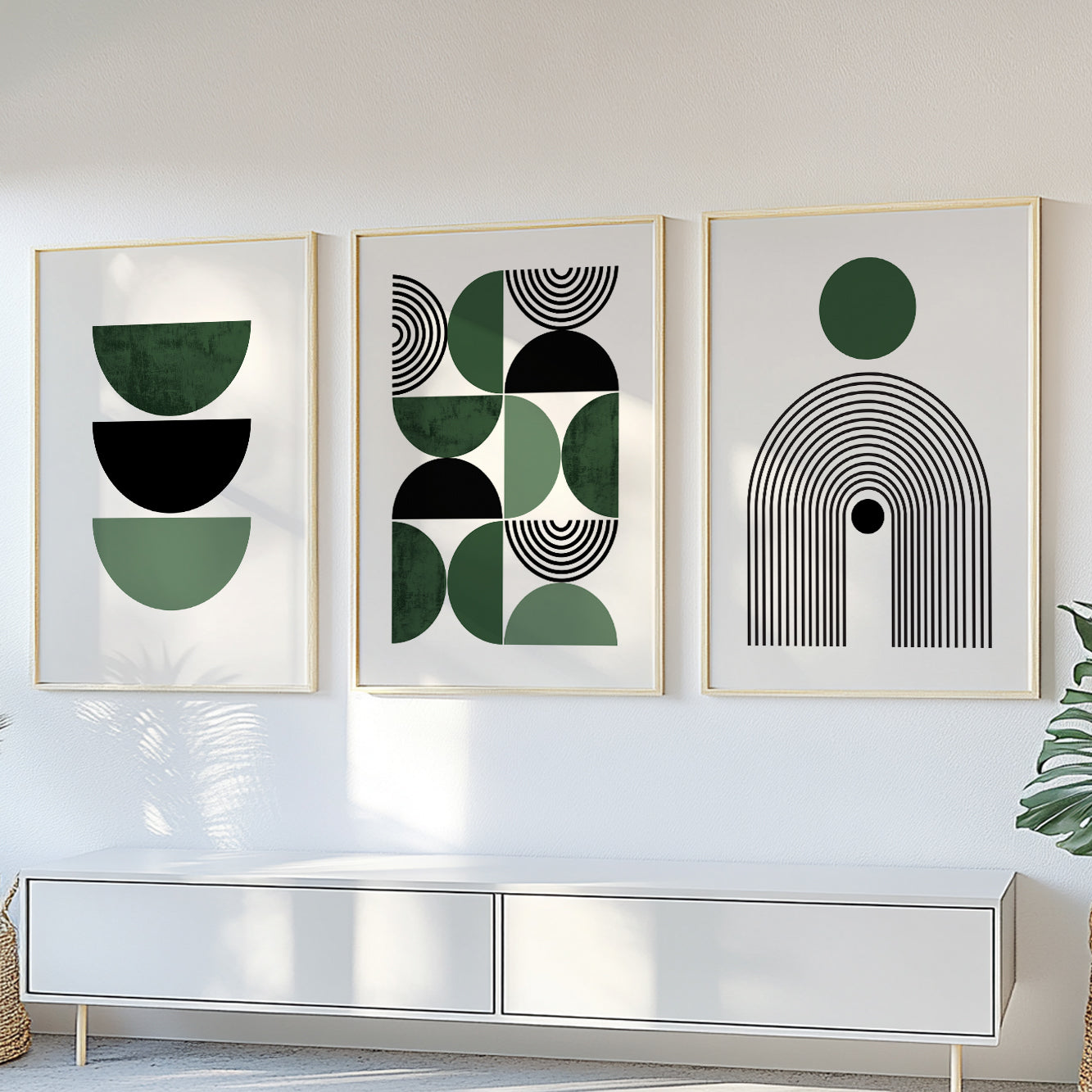 Green Boho Art Set of 3 – Mid-Century Modern Abstract Prints for Living Room