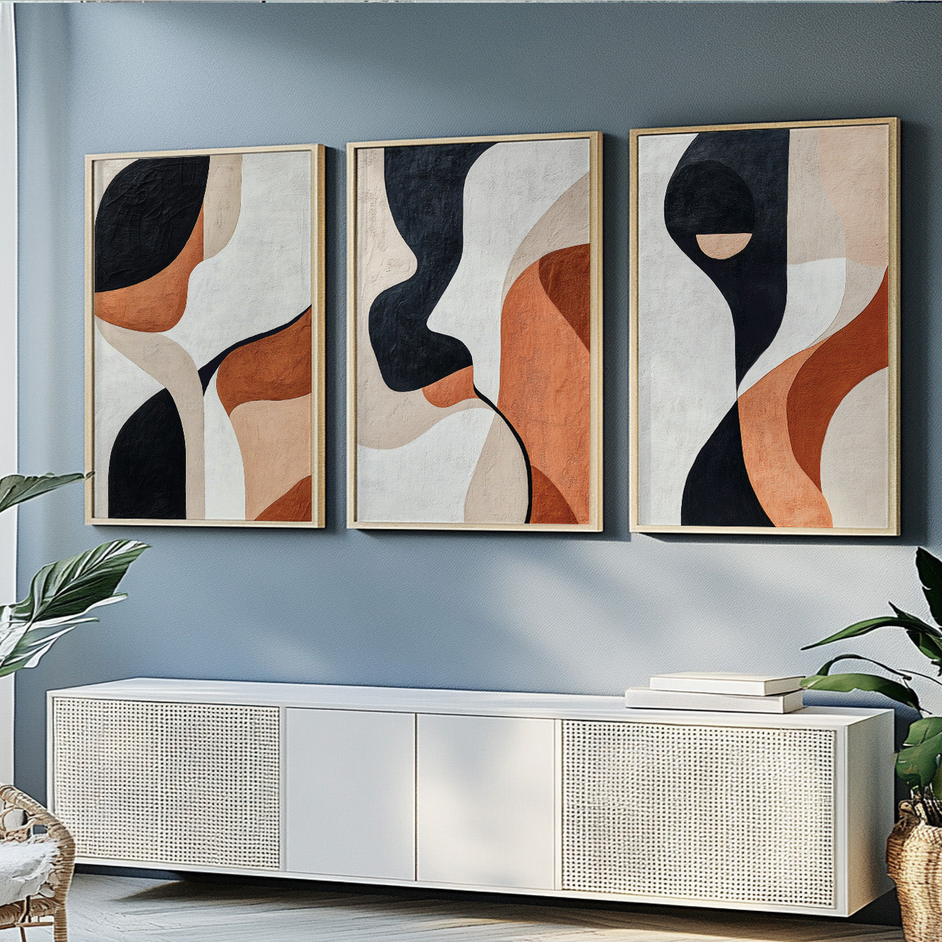 Modern Abstract Set of 3 – Black Terracotta Nordic Geometric Art (USA)