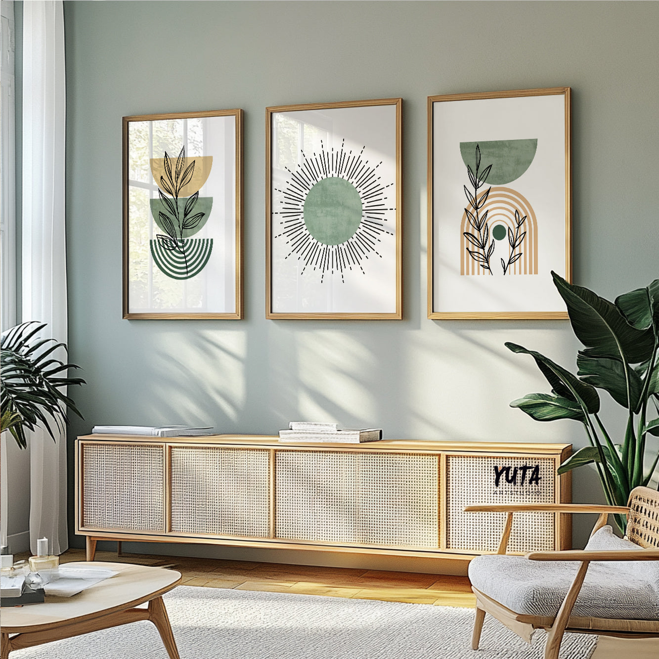 Neutral toned wall art trio with abstract sun and botanical design in sage and beige