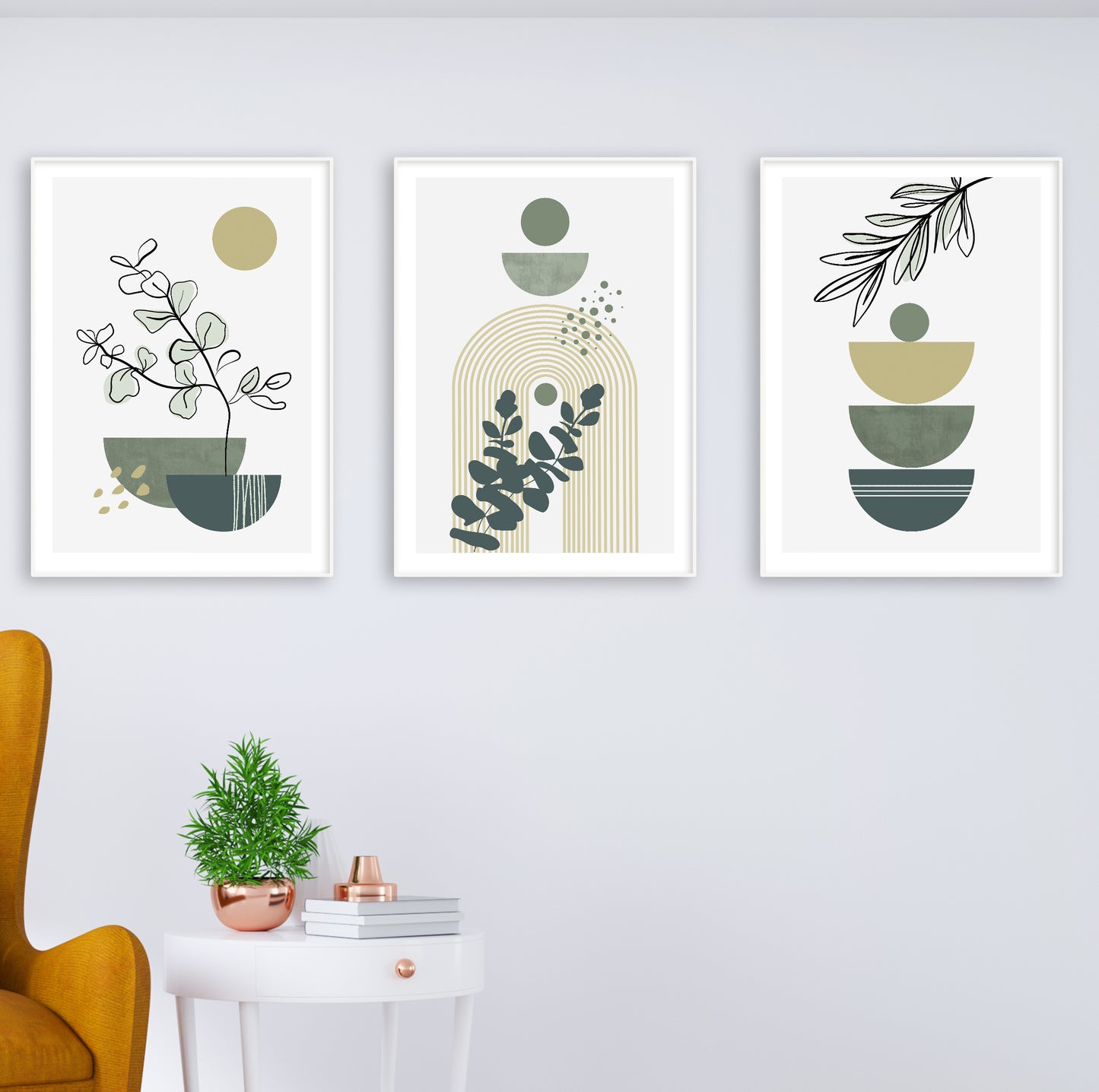 Poster trio with simple leaf motifs and balanced shapes in Scandinavian style.