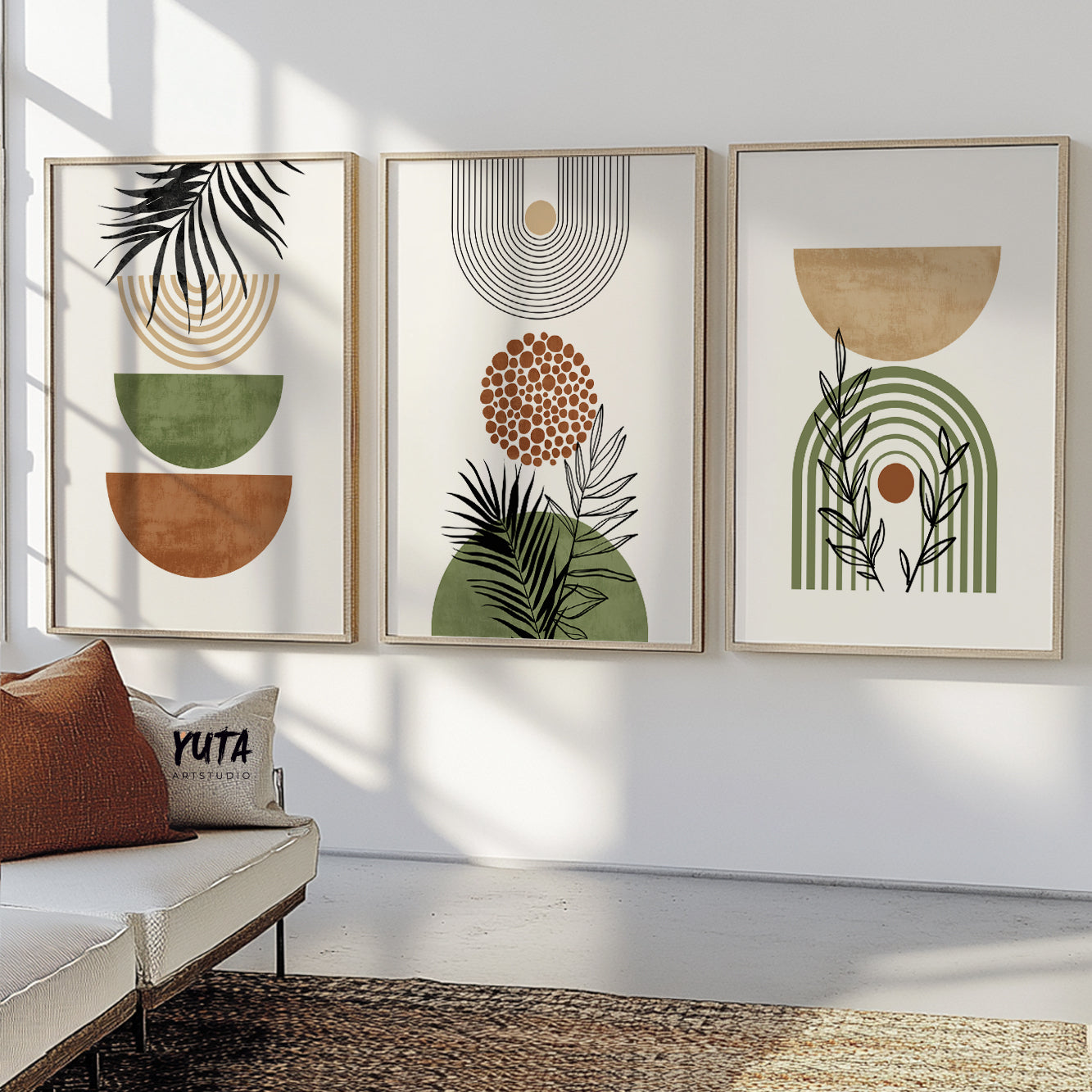 Geometric plant artwork in neutral tones for modern interiors