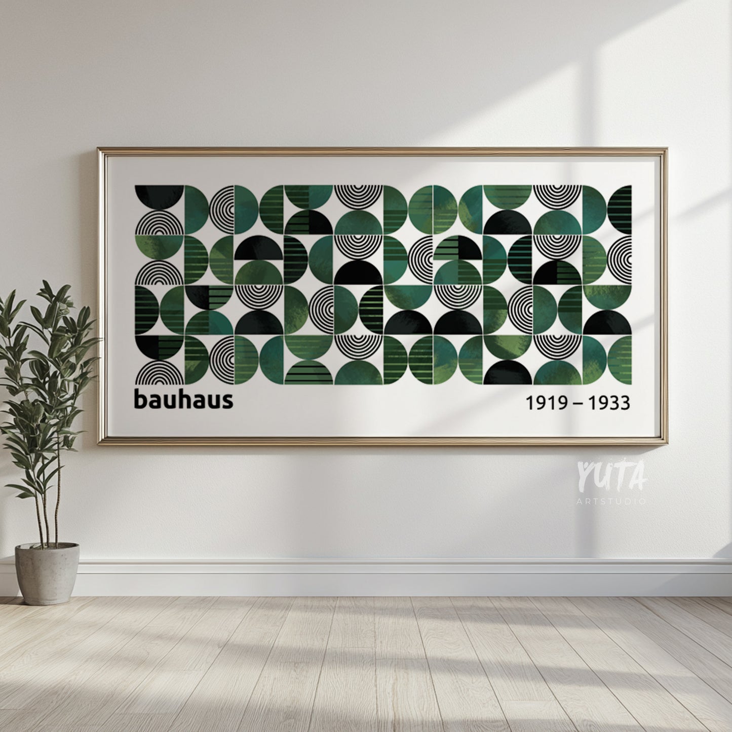 Geometric Bauhaus wall print in wide layout with retro color palette, ideal for office or modern home