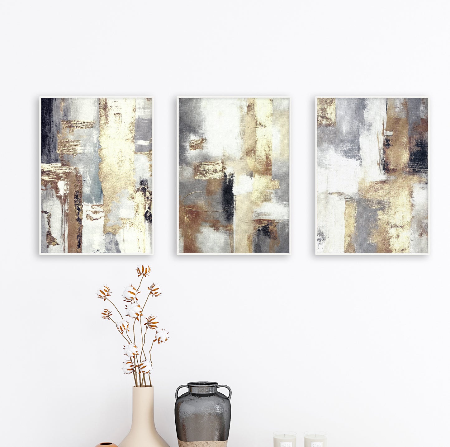 Gold beige textured abstract prints set of 3 for stylish living room walls