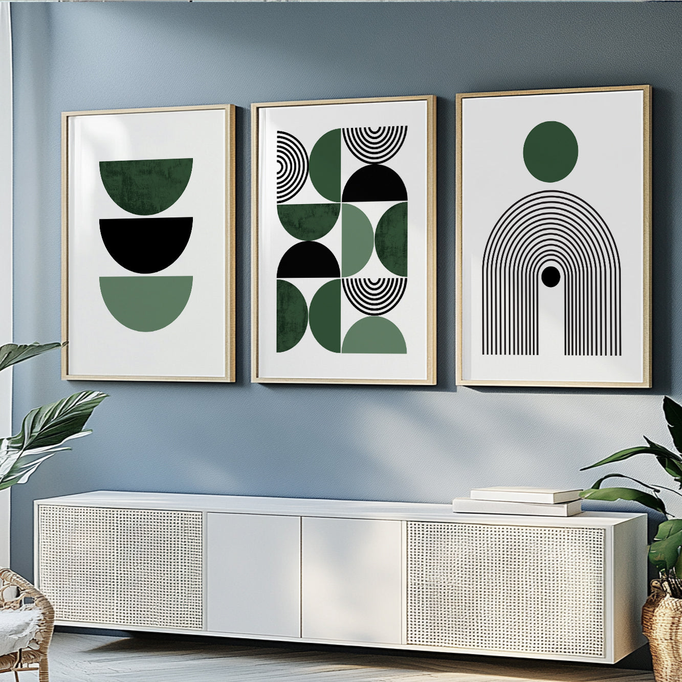Green geometric wall art set in mid-century modern style, perfect for living room or bedroom.