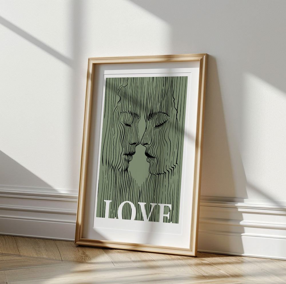 Sage Green Love Couple Portrait – Extra Large Abstract Kissing Lovers Print for Eclectic Room Decor