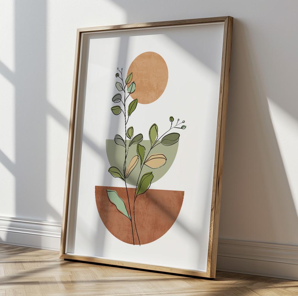 Green and terracotta modern wall print with minimalist and botanical details.