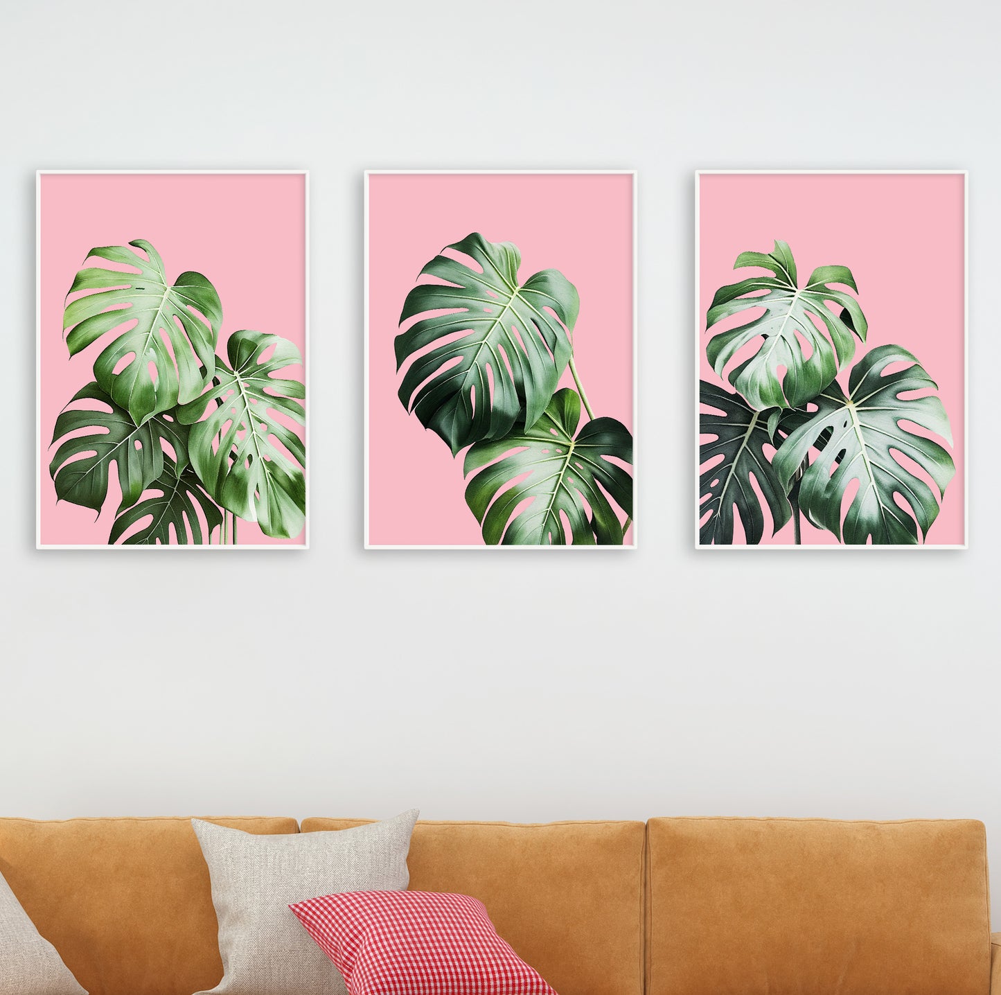 Tropical leaf wall art combining natural elements and colorful backdrops for modern style.