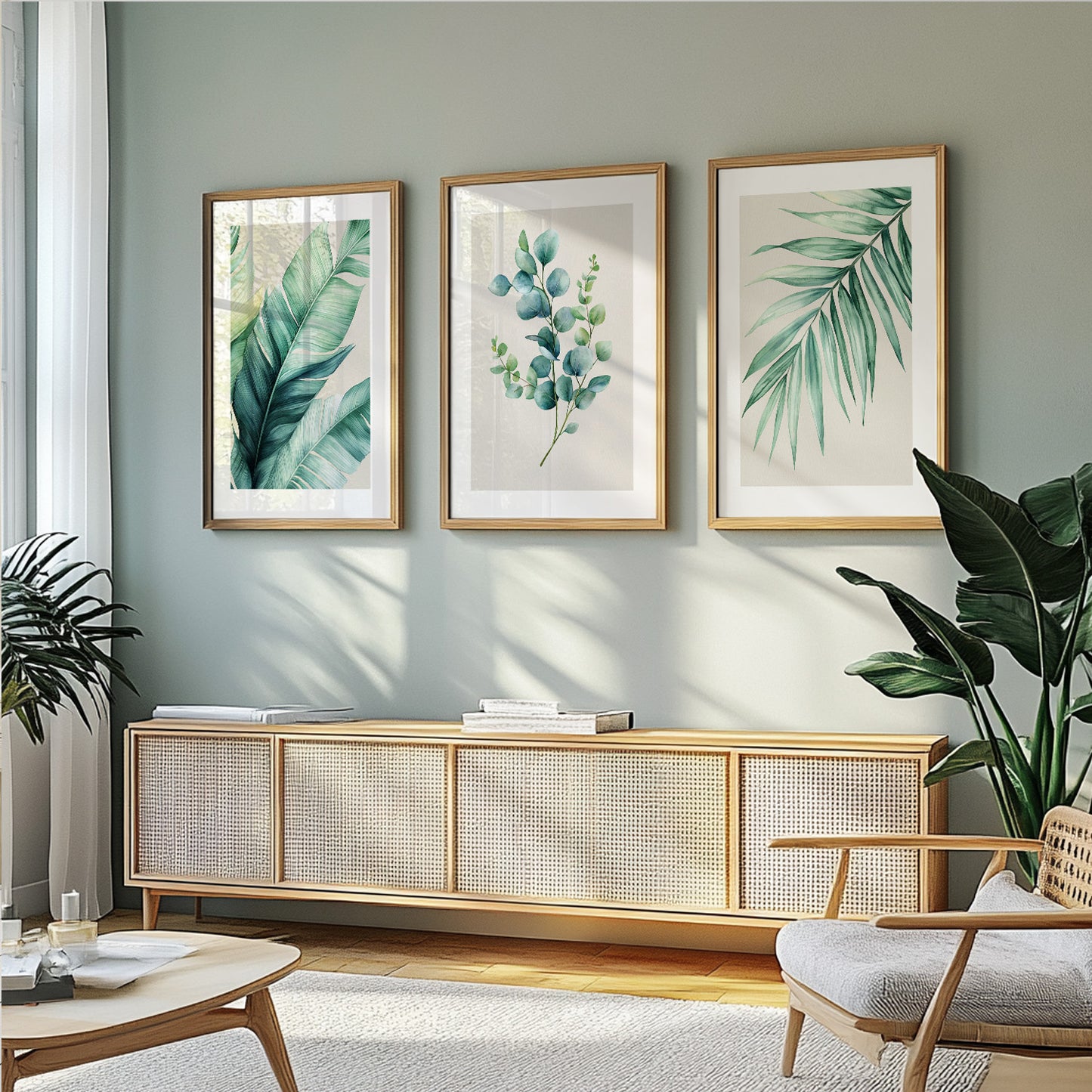 Detailed watercolor illustration of tropical leaves in calming green shades for modern wall decoration