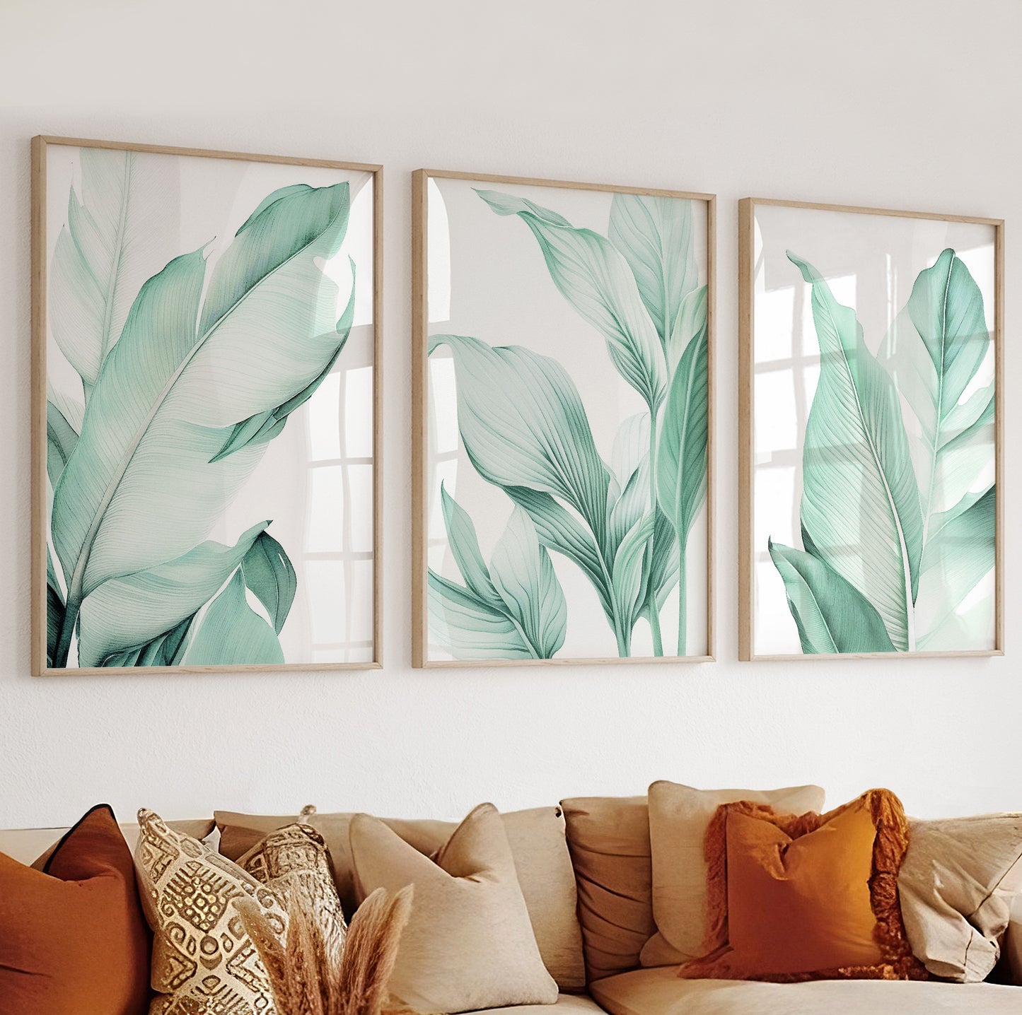 Elegant green palm-inspired leaf design with soft shading, framed in natural wood for clean wall styling.
