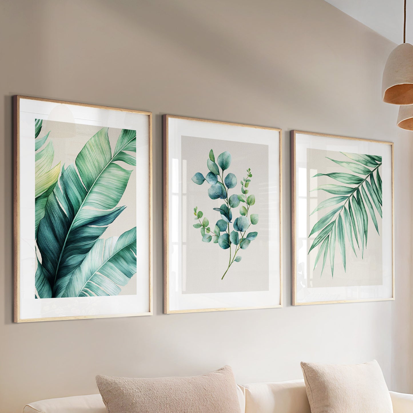 Modern tropical wall art decor with green leaves, perfect for living room, bedroom or office interior design