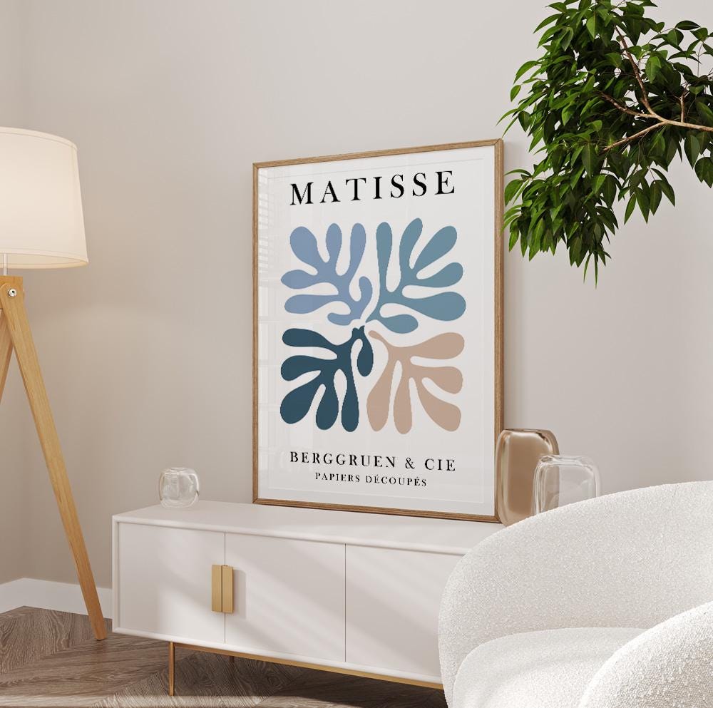 Henri Matisse inspired blue wall print for pastel and neutral room settings.