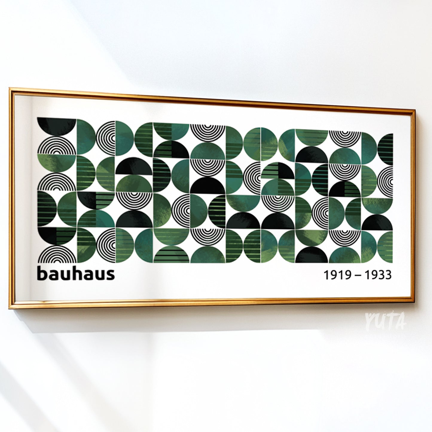 Horizontal Bauhaus wall art with emerald green and black geometric shapes, perfect for mid-century modern decor
