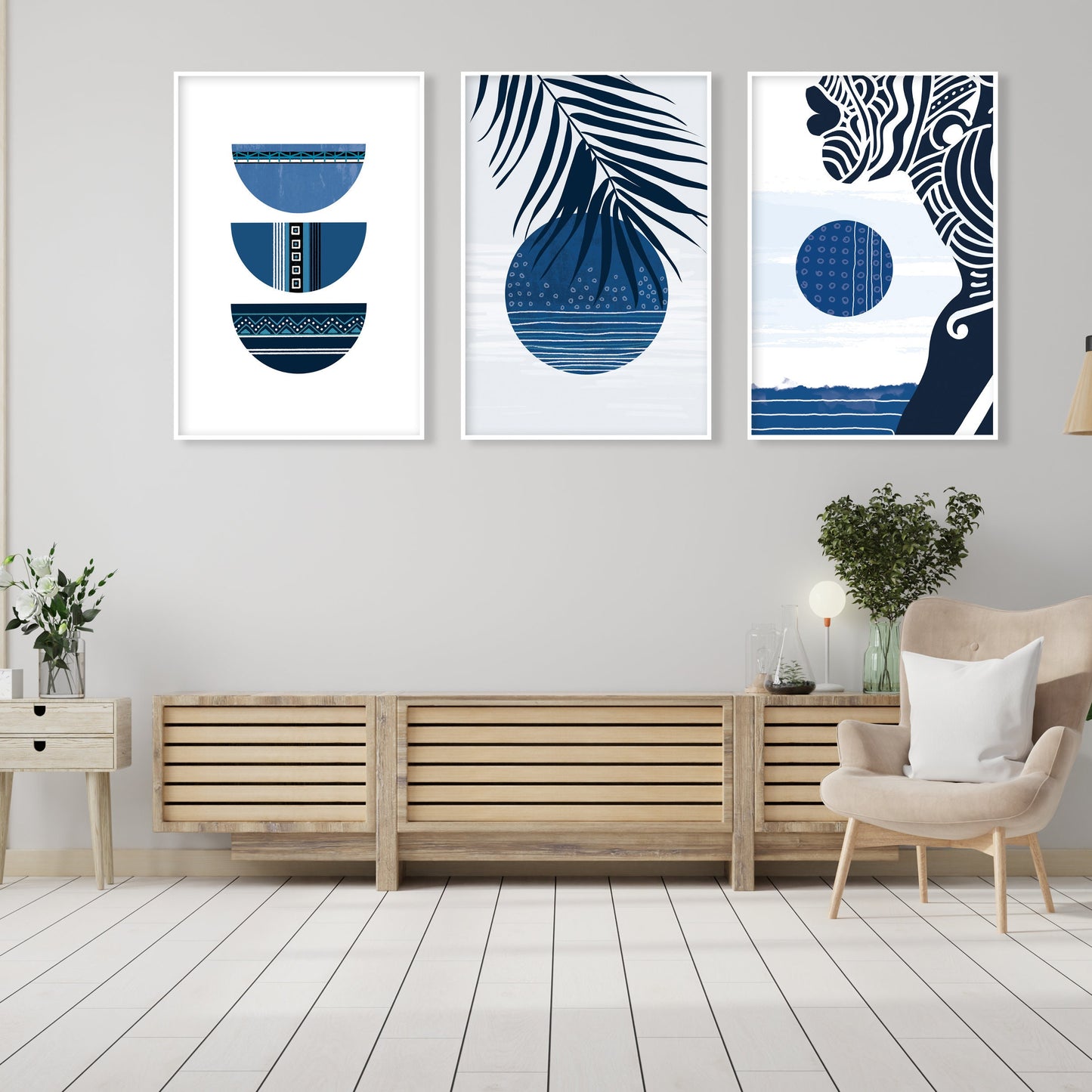 Navy blue abstract african set of 3 print. Black woman boho wall art, ethnic gallery wall set. Modern minimalist above bed african wall art - African wall art