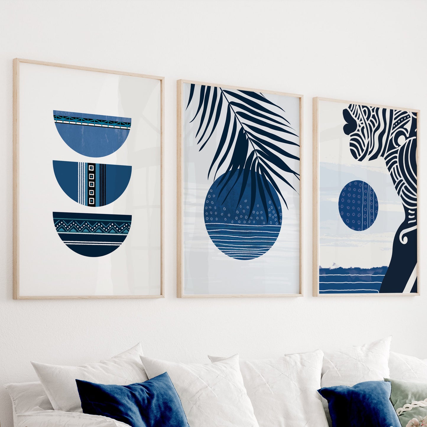 Navy blue abstract african set of 3 print. Black woman boho wall art, ethnic gallery wall set. Modern minimalist above bed african wall art - African wall art