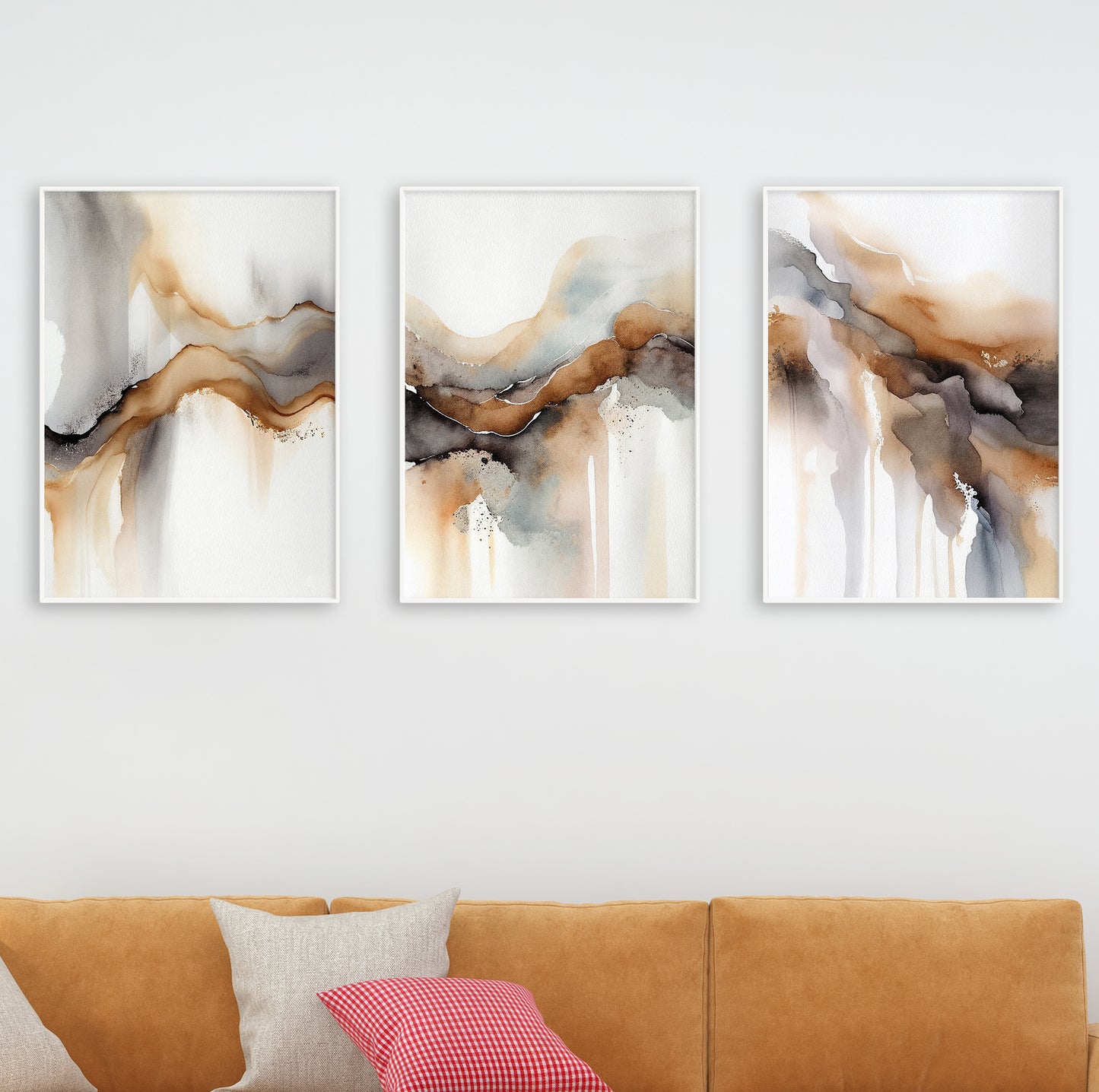 Triptych abstract wall display with watercolor textures creating a flowing and warm visual rhythm.