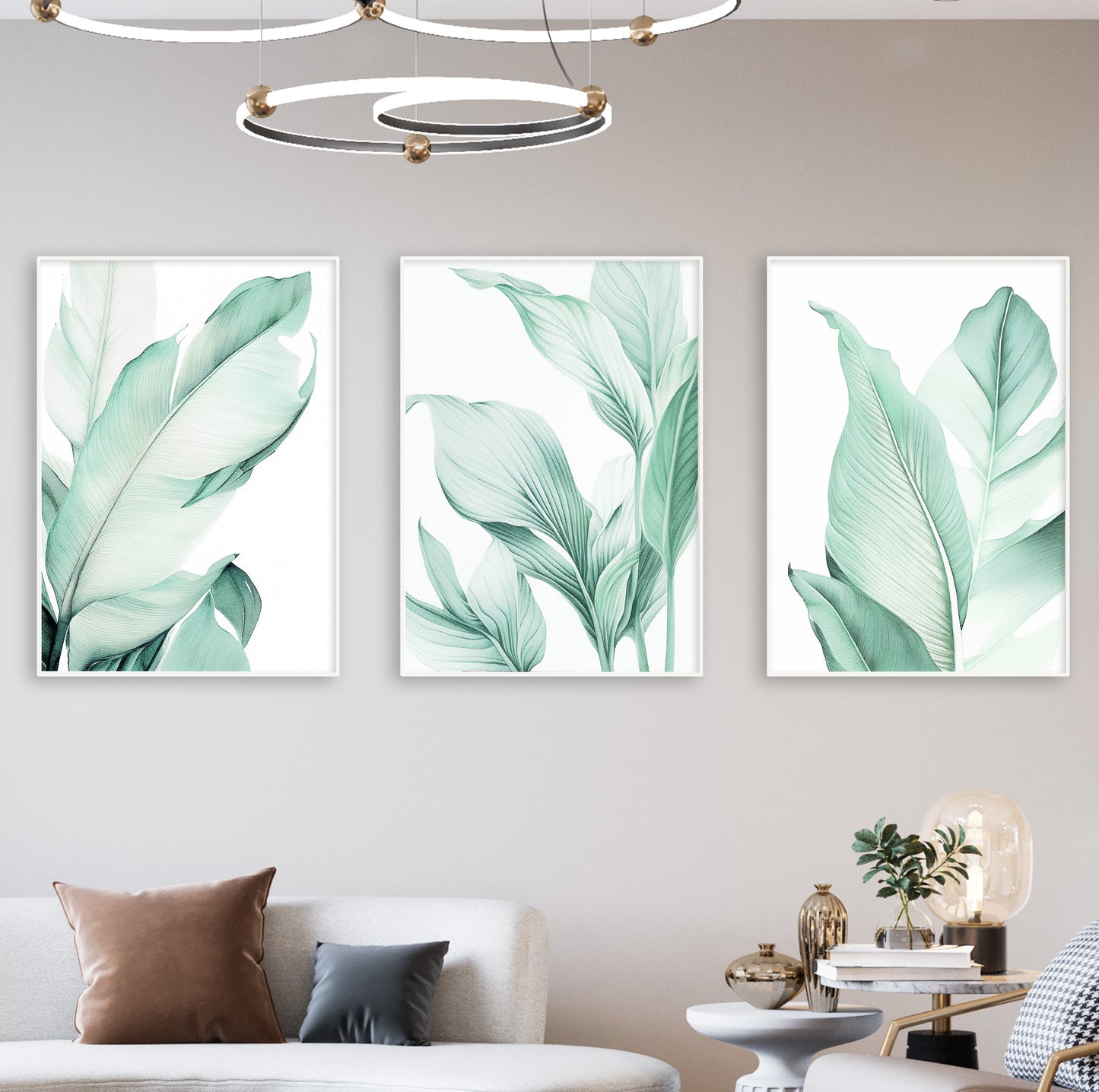 Interior wall decor example showing how to style green botanical prints in a calm and balanced space.