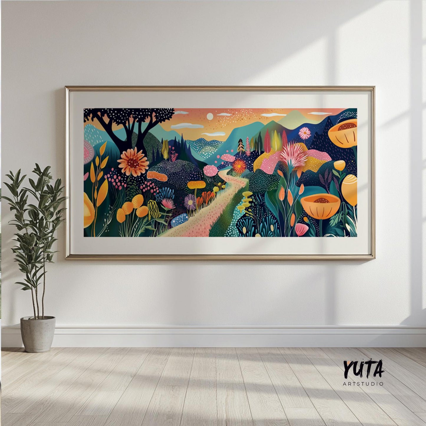 Oversized horizontal print of colorful mountain scenery in abstract style, perfect for creating a peaceful atmosphere in contemporary spaces.
