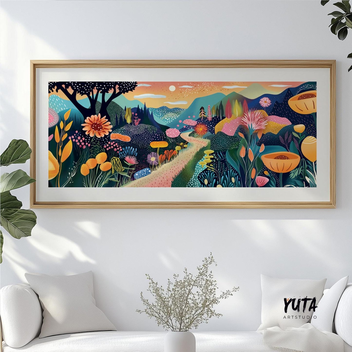 Vibrant panoramic wall art print of colorful abstract mountains, ideal for long narrow spaces like above bed or sofa in Japandi or boho interiors.