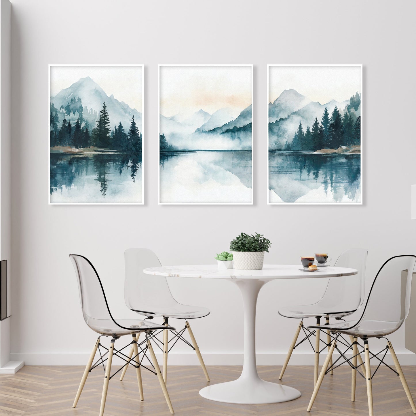 Nature-inspired wall art set of 3 showing lake in green and blue mountain valley.