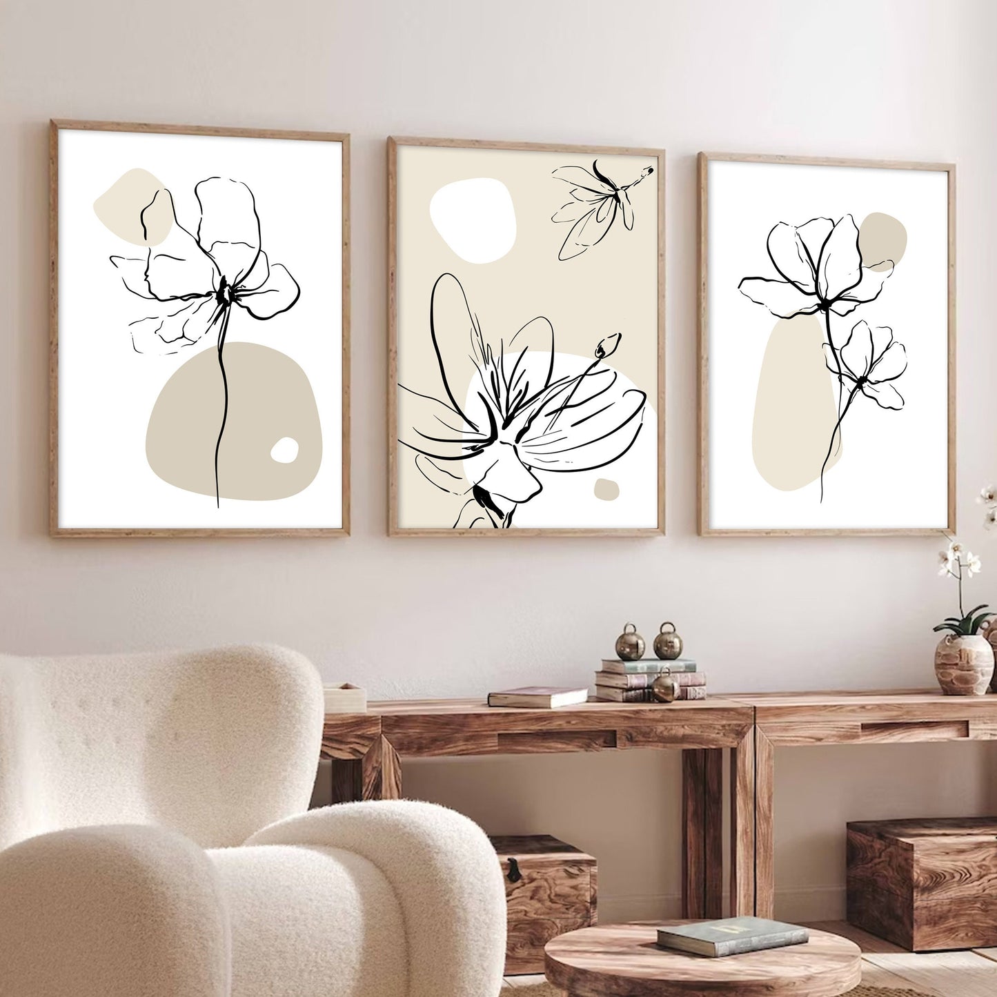 Large beige boho prints set for above bed gallery in modern mid-century interiors.