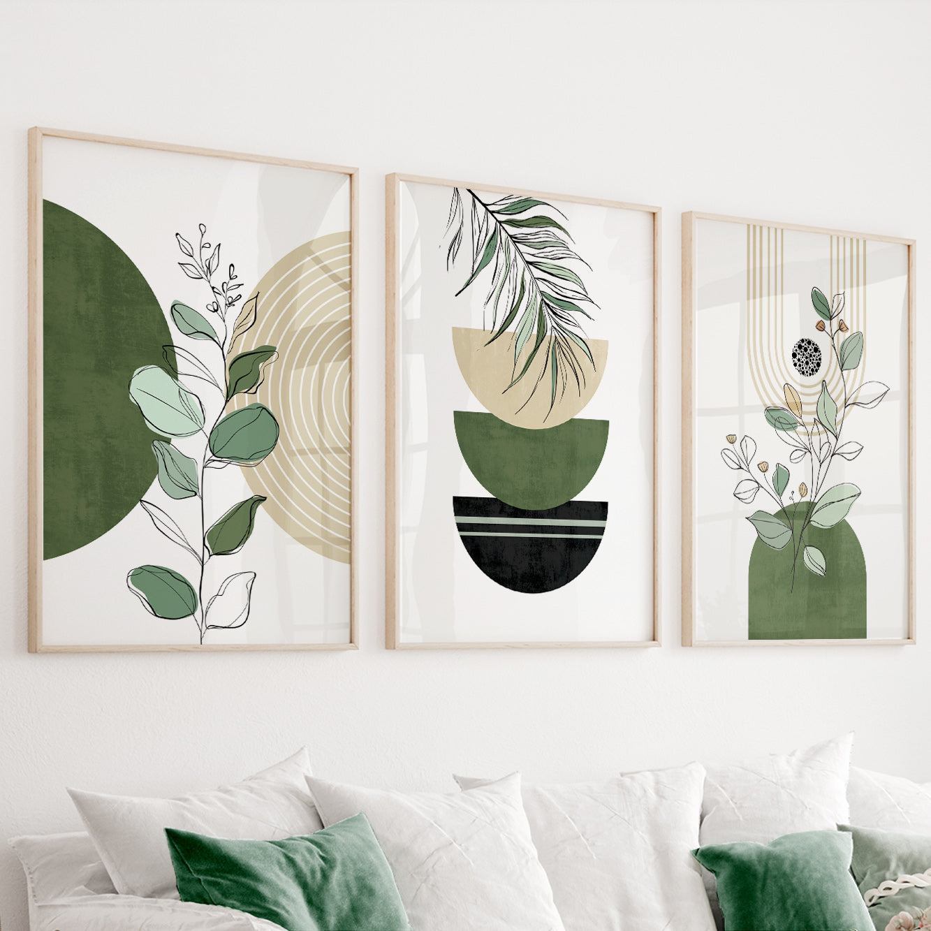 Large boho gallery wall prints set with terracotta green palette for stylish rooms.